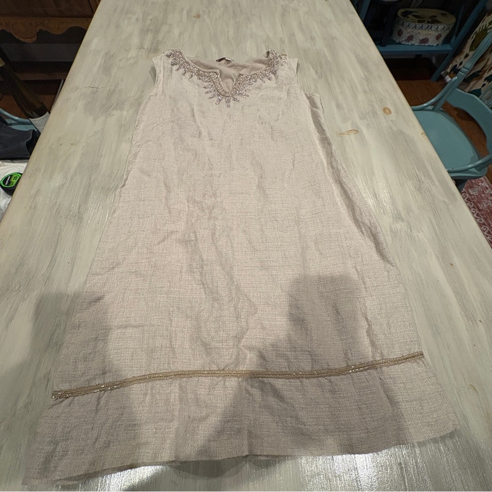 Talbots Ivory Embellish Shift Tunic Sleeveless Dress 6 100% Linen cotton lining